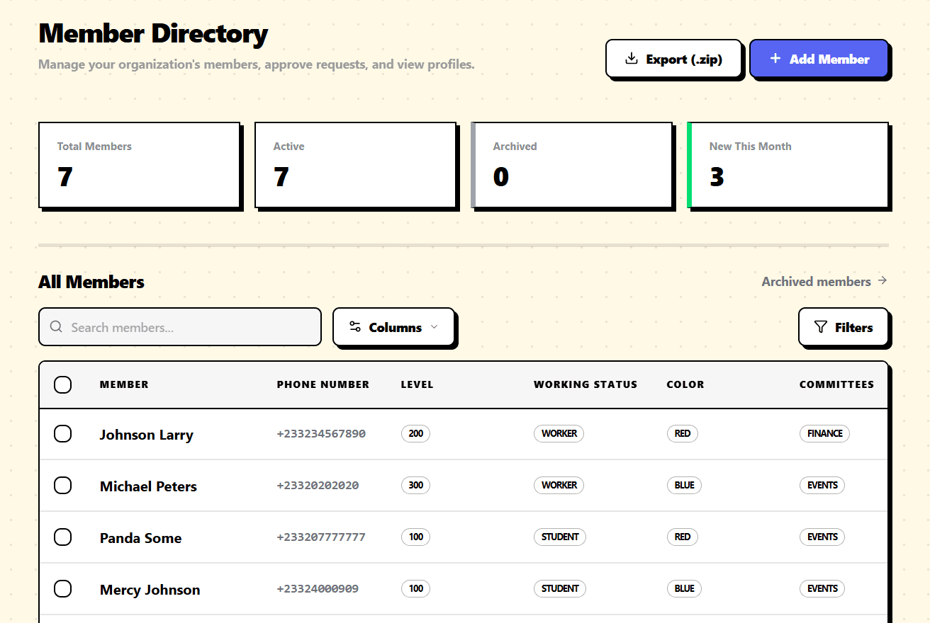 Members Database Screen